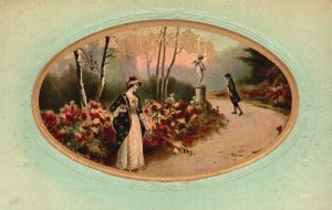 Vintage Postcard Beautiful Chinese Woman In The Flower Garden Man Statue