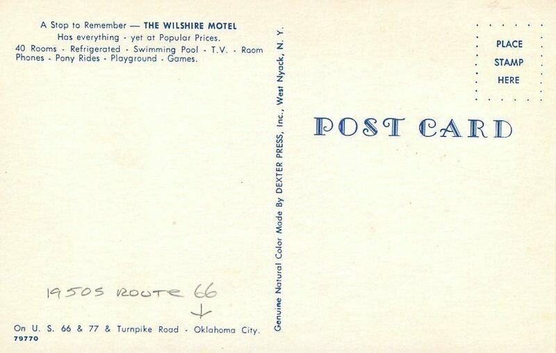 Oklahoma City Wilshire Motel Route 66 1950s Dexter Postcard Birdseye 22-1466