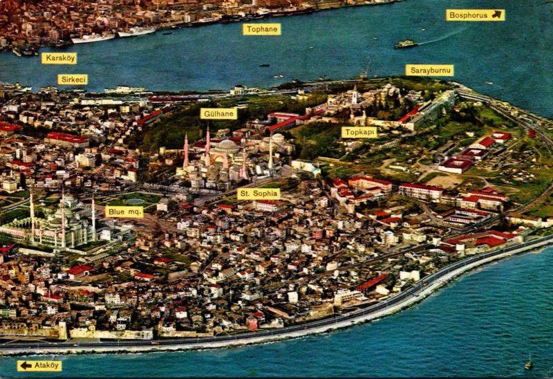 Turkey Istanbul Aerial View Showing The Blue Mosque St Sophia and Topkapi
