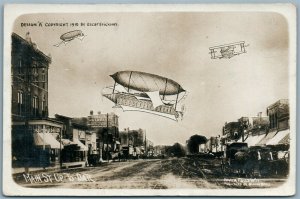 MONTAGE ZEPPELINS AIRPLANE RIVER FALLS ANTIQUE REAL PHOTO POSTCARD RPPC AVIATION