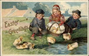 Easter Children Play Ducks Embossed c1900s-10s Postcard