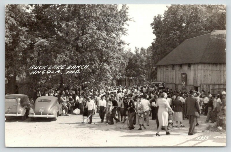 Angola Indiana~Buck Lake Ranch~Crowd by Parking Entrance~Pavilion~1940s RPPC