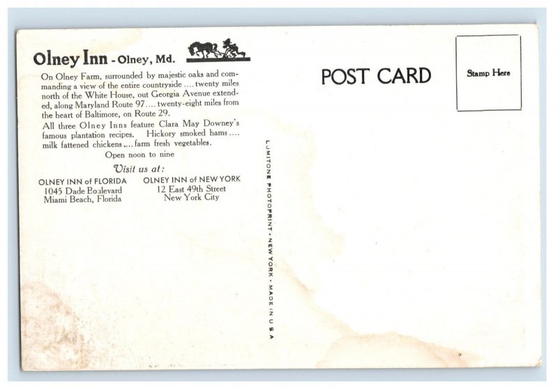 Vintage Olney Inn Farm Maryland Postcard F93S