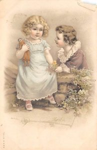 Boy holding a girl's hand with flowers and doll Children Postal Used Unknown 