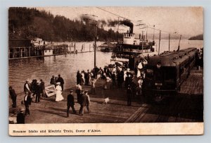 1909 Postcard Coeur D'Alene ID Idaho Steamer Idaho And Electric Train At Pier