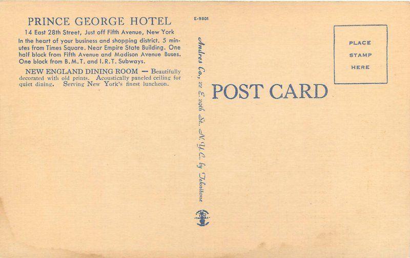 Andres 1940s Prince George Hotel Interior Restaurant New York postcard 774