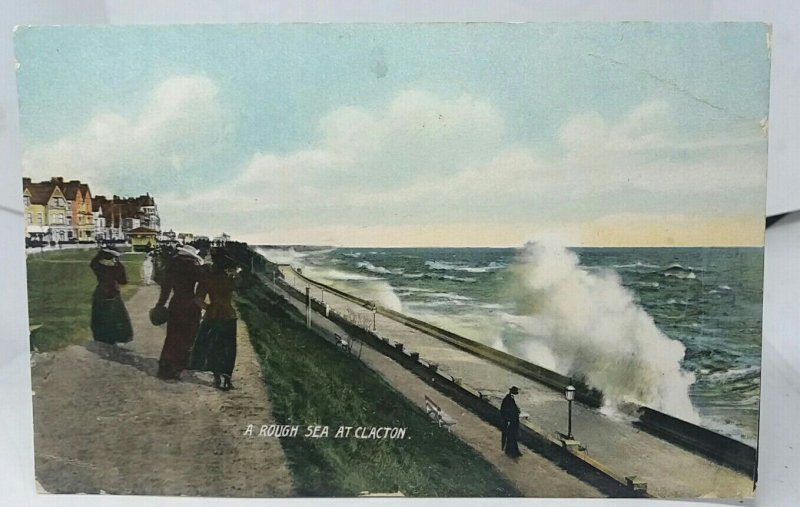 Rough Sea Hitting Promenade at Clacton on Sea Essex Vintage Postcard 1907