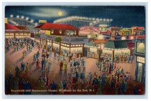 1939 Boardwalk and Amusement Center at Night, Wildwood New Jersey NJ Postcard