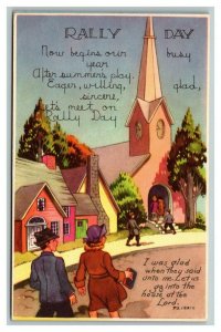 Vintage 1920's Rally Day Postcard Family Walking to Church on Sunday Bible Quote