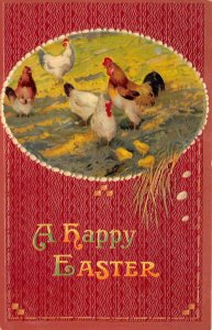 EASTER HOLIDAY A HAPPY EASTER ROOSTERS EGGS EMBOSSED POSTCARD (c. 1910) **