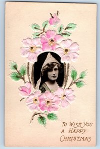Christmas Postcard Pretty Woman And Flowers Tuck c1910's Unposted Antique