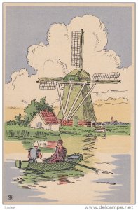 VOLENDAM, Noord-Holland, Netherlands, 1900-1910's; Couple In A Boat, Windmill