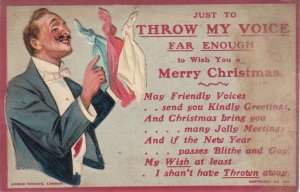 British chromo paper cut early Christmas greetings card man throw his voice