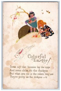 c1910's Easter Girls Collecting Bunnies Lays Eggs Art Deco Antique Postcard