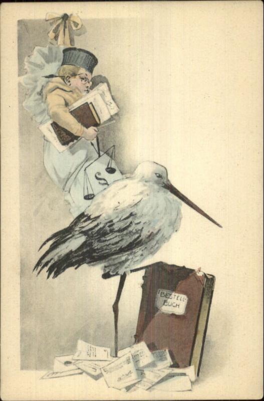 Stork & Intellectual Baby Glasses Scales Book c1905 Postcard