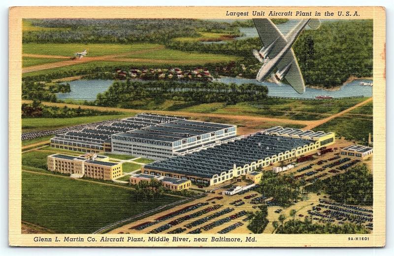 Postcard MD Middle River Baltimore Glenn Martin Aircraft Plant Linen R25