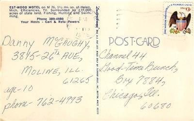 EST-WOOD MOTEL Helen, Michigan Roadside 1978 Chrome Vintage Postcard 