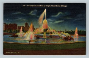 Chicago, Grant Park Buckingham Fountain By Night Linen Illinois c1945 Postcard