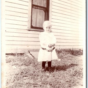 ID'd c1910s Cute Little Boy in Dress RPPC Outdoors Real Photo LeRay Finney A159