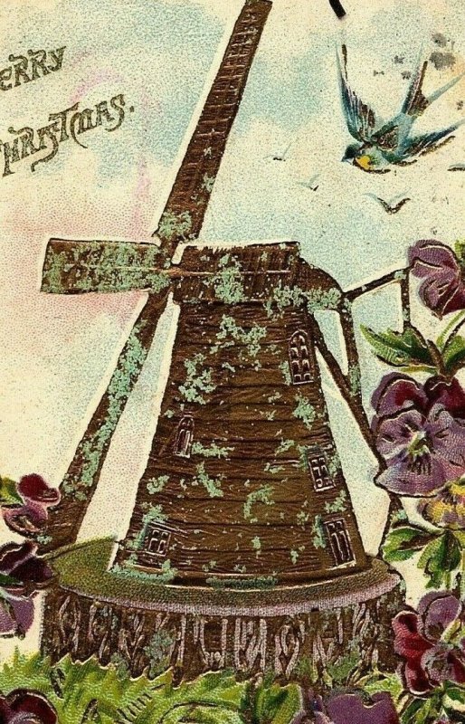 1907 Christmas Postcard Windmill Purple Flowers Embossed Antique Gold Foil Bird