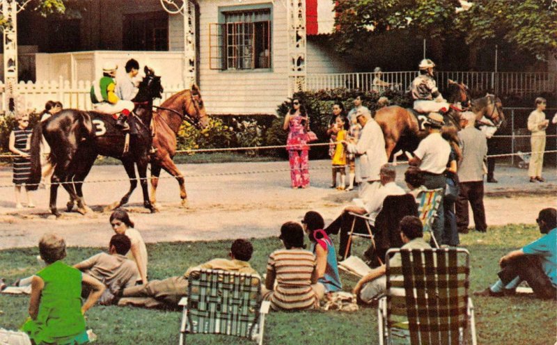 SARATOGA SPRINGS, New York NY   RACE TRACK  Horse Parade~Fans On Lawn  Postcard 