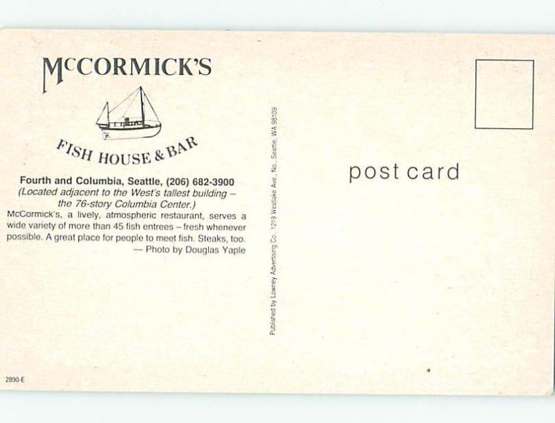 Unused Pre-1980 MCCORMICK'S FISH HOUSE RESTAURANT Seattle Washington WA r8877