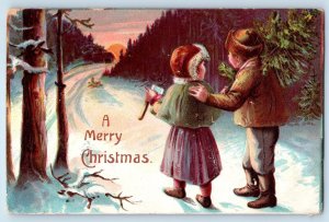 1908 Christmas Children Winter Scene Embossed Brooklyn New York NY Postcard