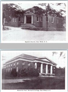 2 Postcards DUE WEST, South Carolina SC ~ WOMAN'S COLLEGE & BAPTIST CHURCH