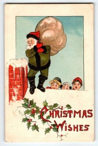 Santa Claus Christmas Postcard Green Suit Giant Sack Of Toys Children L&E 2224