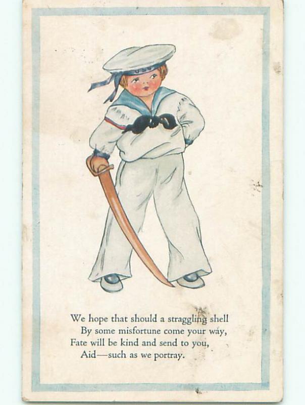Pre-Linen military NAUTICAL THEME - NAVY SAILOR BOY IN USS HAT WITH SWORD J3193