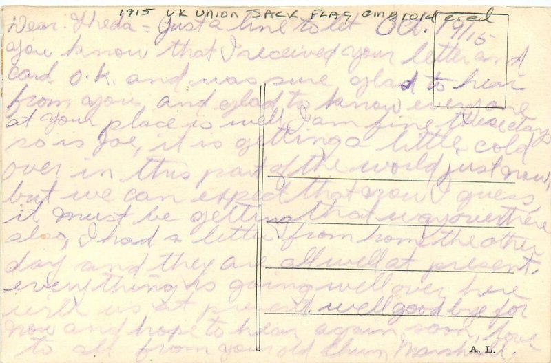 1915 UK Union Jack flag embordered Postcard 25-2515