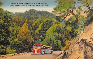 Smokey Mountain Trailways bus on Highway through great Smoky Mountains Nation...