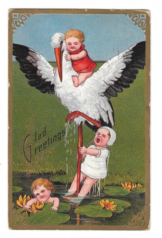 Marie Flatscher Glad Greetings Stork Babies Lily Pond Gilded Embossed Postcard