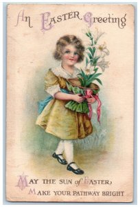 Easter Greetings Girl Holding Pot Of Lilies Flowers New London CT Wolf Postcard
