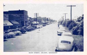 Main Street Cars Rexall Drug Store Leland Mississippi 1950s postcard