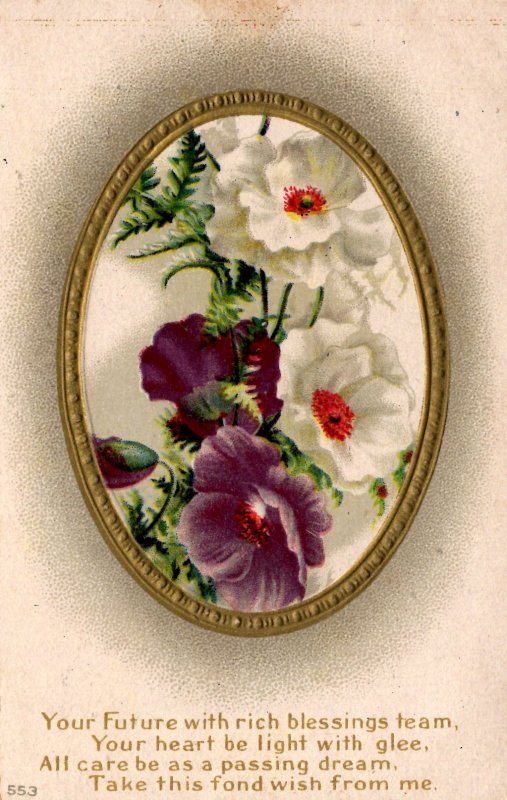 Fond Wishes - Flowers in a Gold Frame - Rich Blessings - c1908