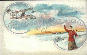 Birthday Greetings Woman Hails Man in Early Airplane c1910 Vintage Postcard