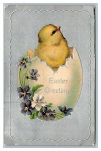 Vintage 1908 International Art Easter Postcard Chick Giant Egg Purple Flowers