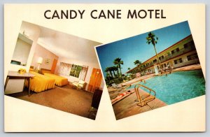 Anaheim California~Candy Cane Motel Guest Room~Pool~Disneyland~1960 Postcard