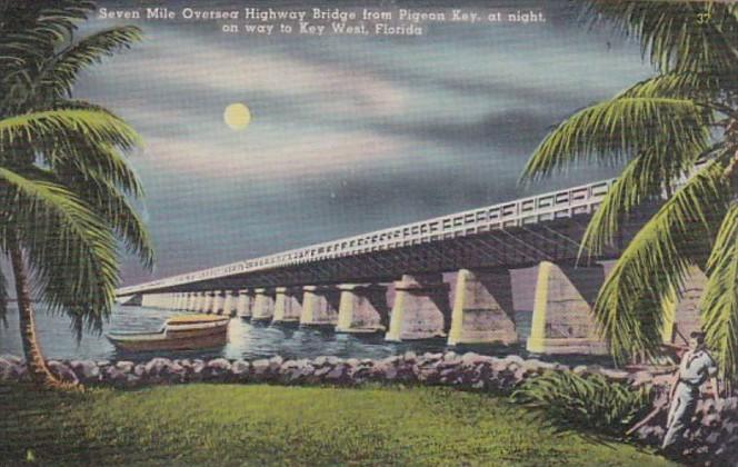 Florida Keys Seven Mile Oversea Highway Bridge From Pigeon Key At Night On Wa...