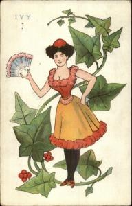 Fantasy - Beautiful Buxom Woman w/ Fan Giant Ivy Leaves & Berries Postcard