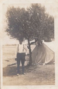 Man Camping Tent Camper Antique Real Photo Postcard
