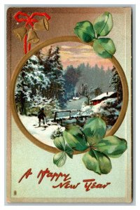 Vintage 1910's Tuck's New Years Postcard Gold Bells Snowy Country Scene Clovers