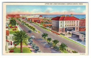 CORSICANA, TX ~ UPPER & LOWER BROADWAY c1930s Cars Nueces County Linen Postcard