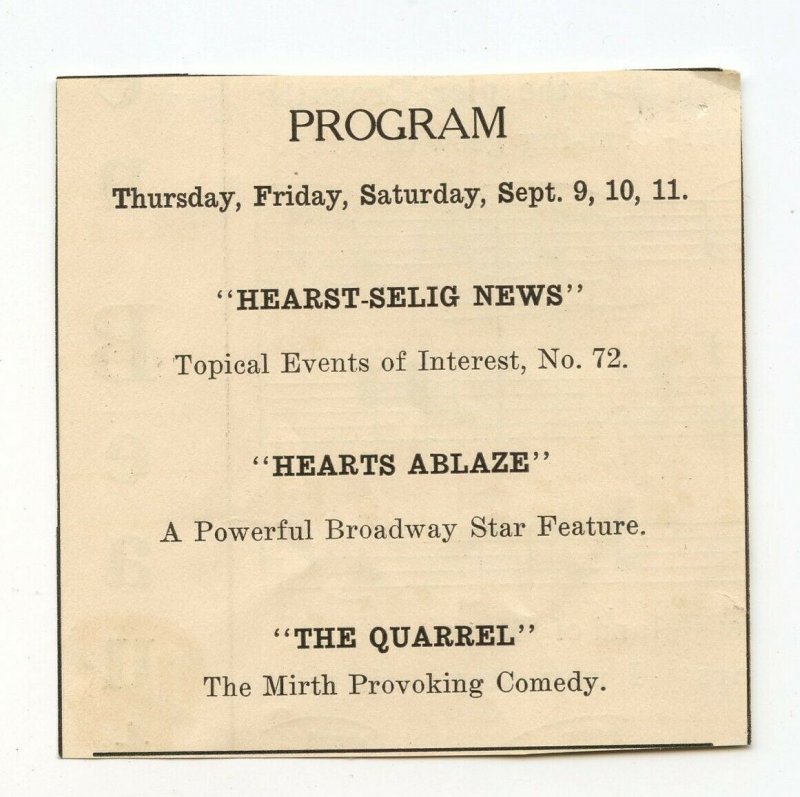 Program Hearst-Selig News Hearts Ablaze The Quarrel  Vintage Advertisement 