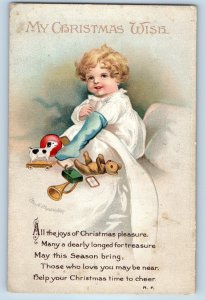 c1910's Christmas Little Girl With Stocking Toys Ellen Clapsaddle Postcard