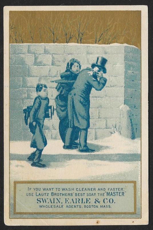 VICTORIAN TRADE CARD Lautz Soap Man & Lady Hit By Snow Balls Boy Carrying Boots