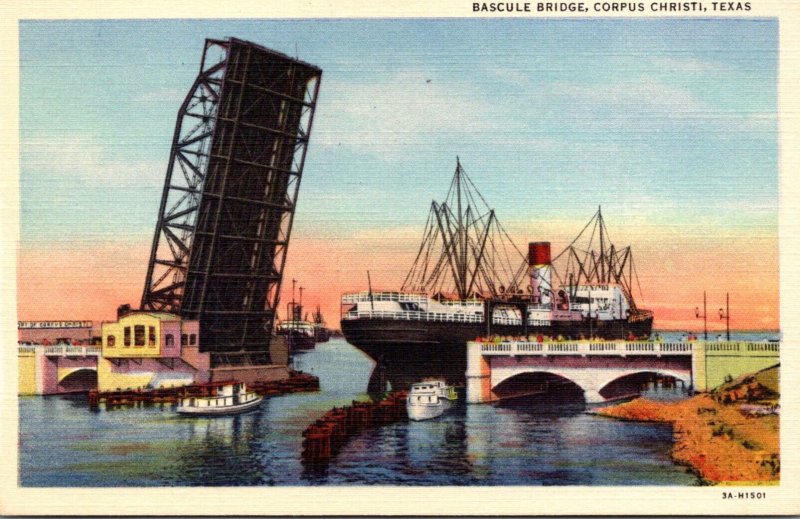 Texas Corpus Christi Steamer Passing Under Bascule Bridge Curteich