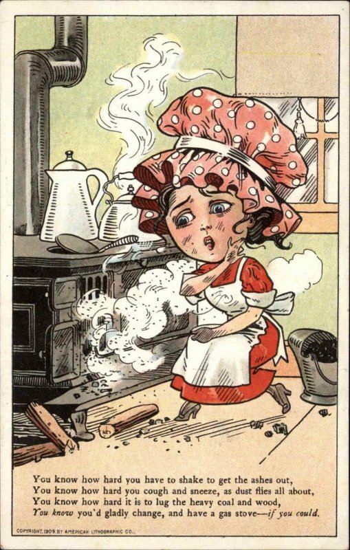 Advertising Pretty House Wife Caricature Comic Dirty Coal Stove Postcard