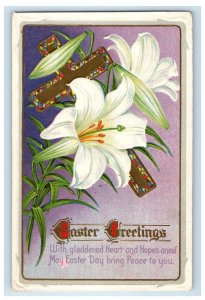 1914 Easter Greetings Gold Cross White Lily Flowers Embossed Antique Postcard
